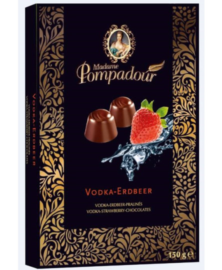 Praline de ciocolata umplute cu vodka si capsuni cutie 150g, Madame Pompadour